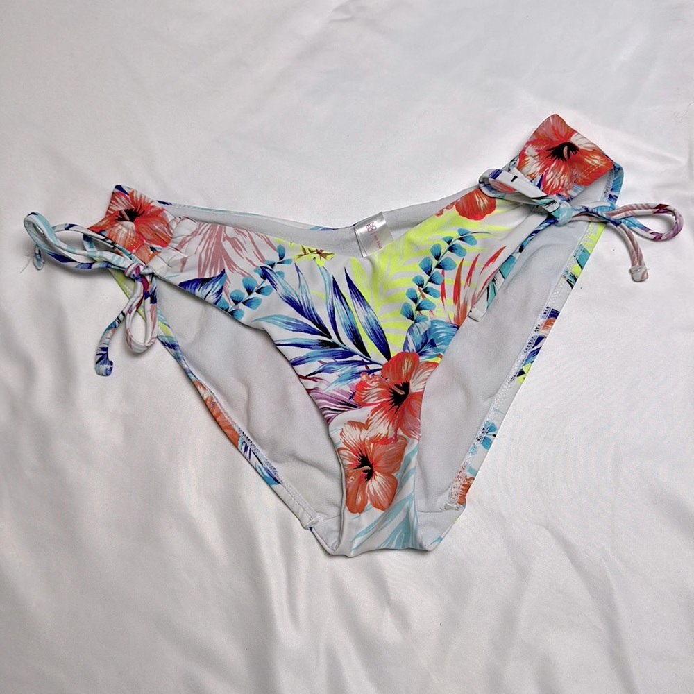 V cut waist white and bright multicolored floral bikini bottoms